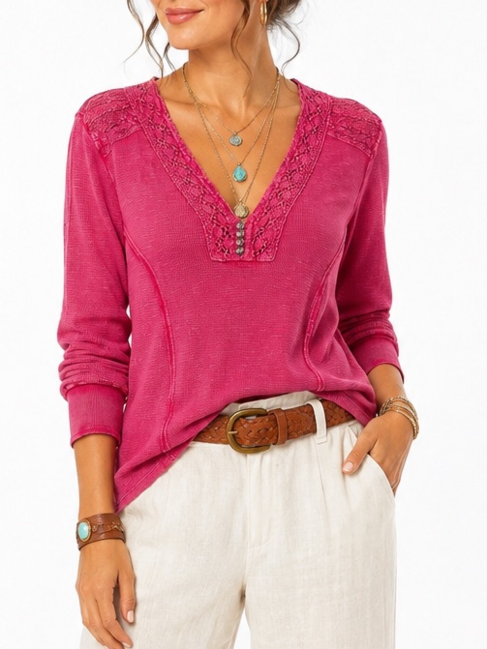 NWT Sundance Berry Thermal Waffle Knit Crochet Lace Long Sleeve Henley Top XXL